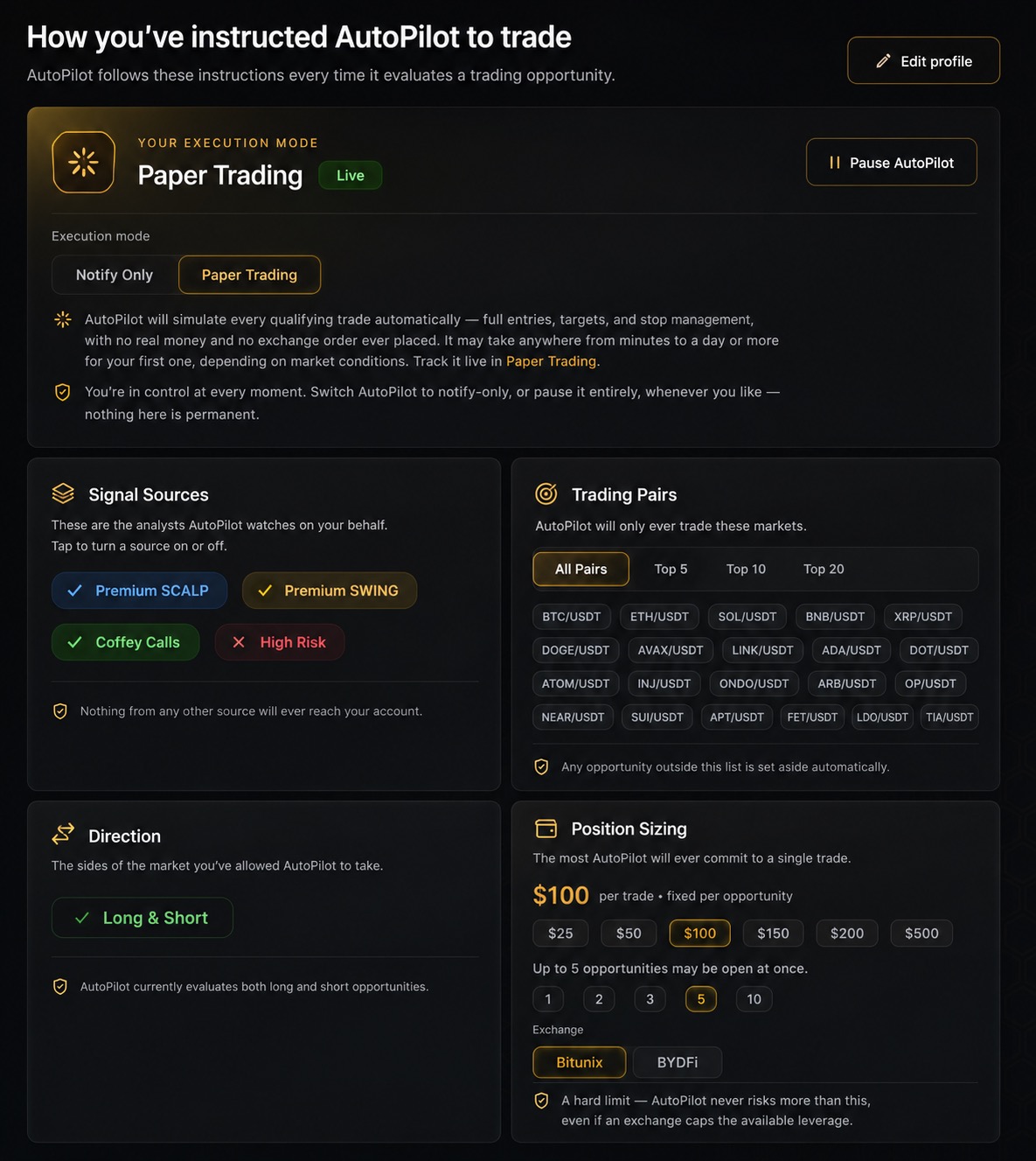 Hive Trading Profile — Paper Trading configuration with signal sources, trading pairs, direction and position sizing.