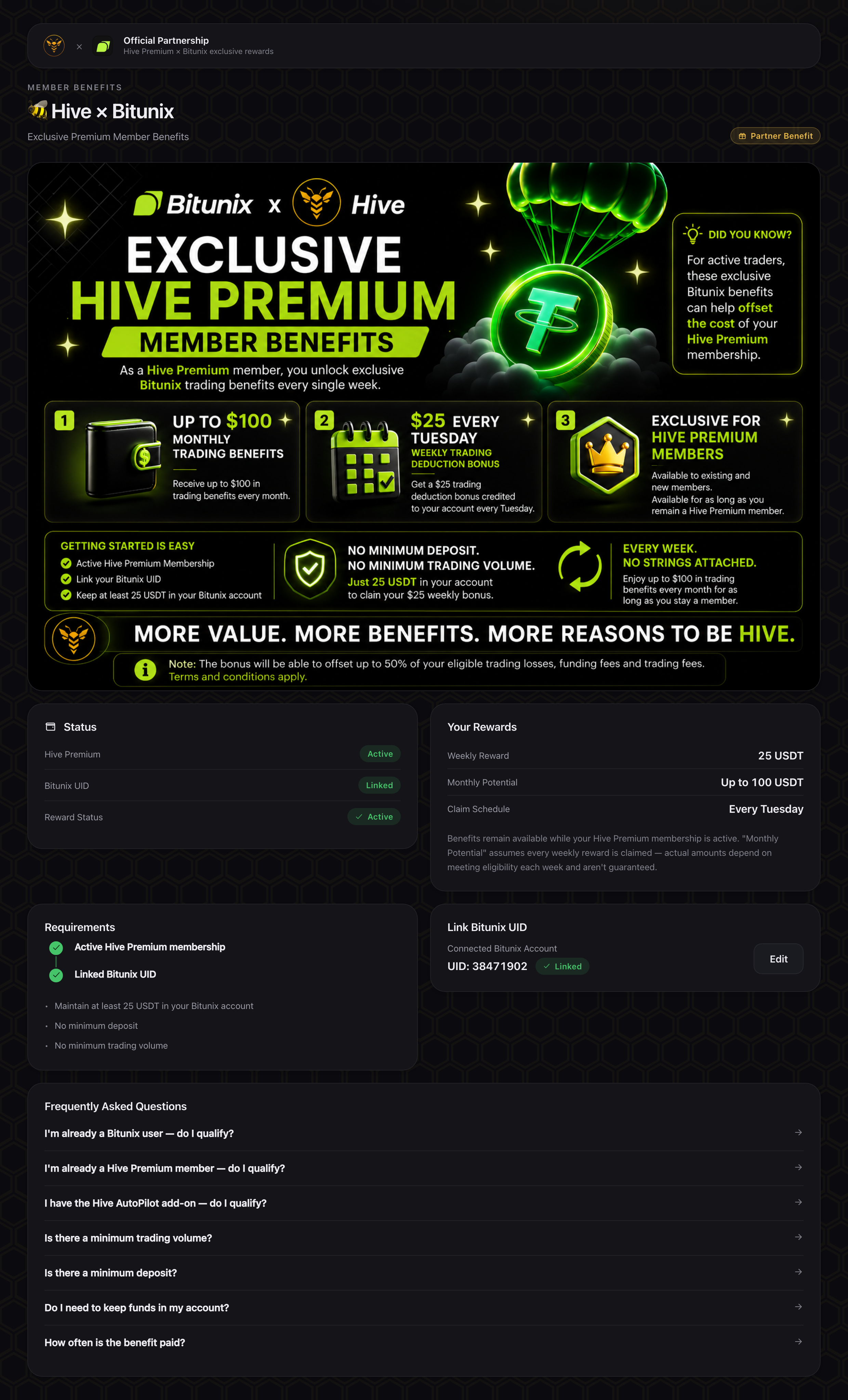 Hive Premium x Bitunix — an exclusive partnership giving members up to $100 a month in trading benefits, every week.