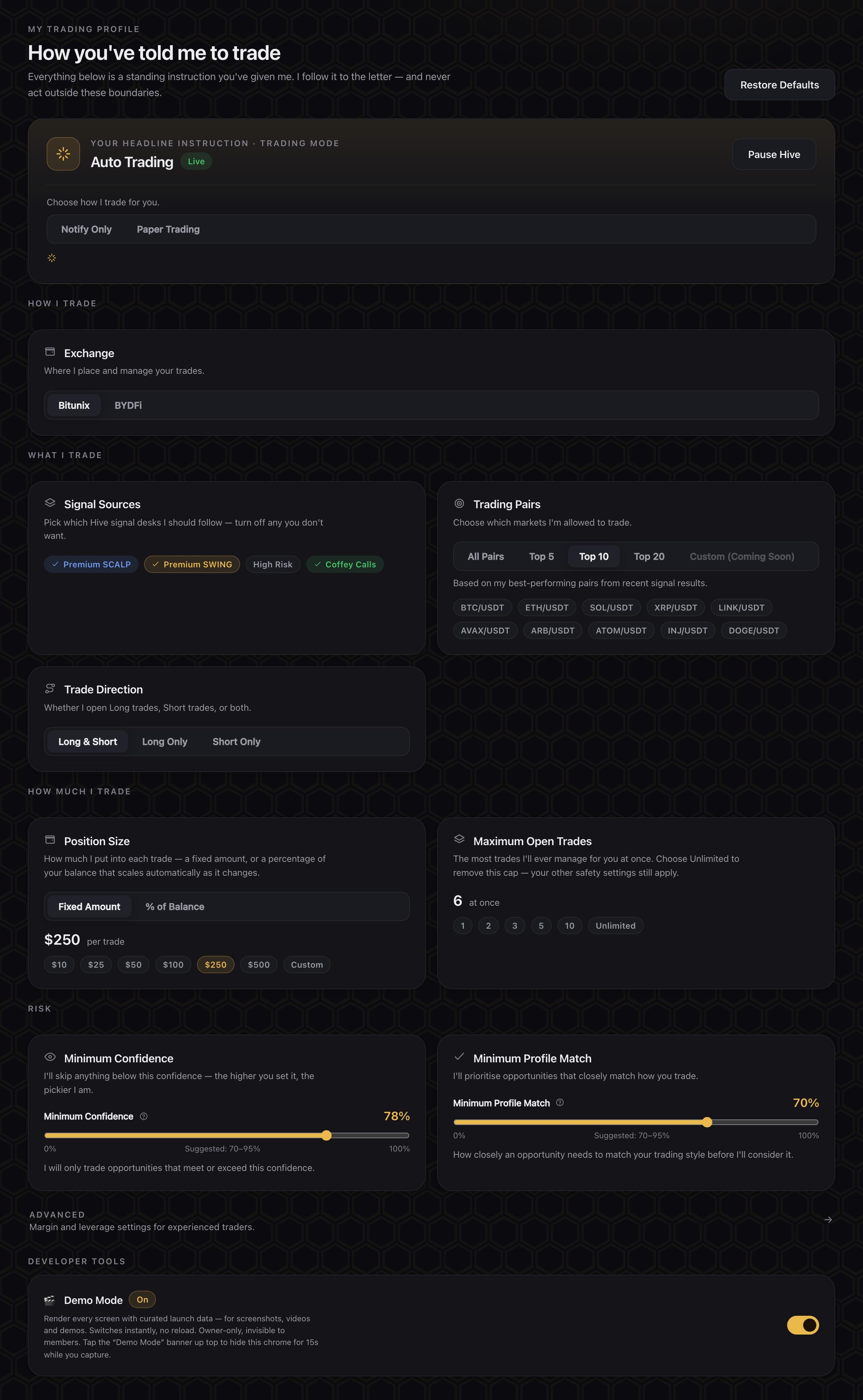 The Hive Trading Profile — trading mode, exchange, signal sources, trading pairs, direction, position size and risk thresholds.