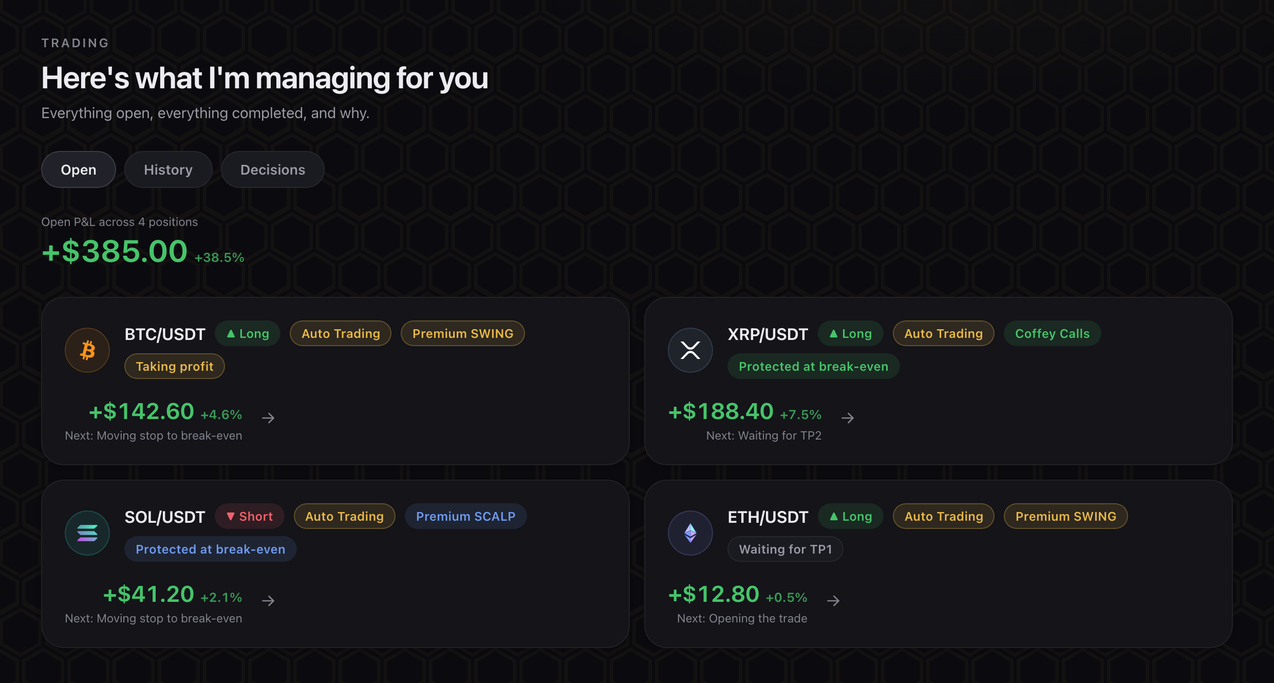 Hive AutoPilot managing four live positions — BTC, XRP, SOL and ETH — with real-time P&L, trade mode and break-even protection.